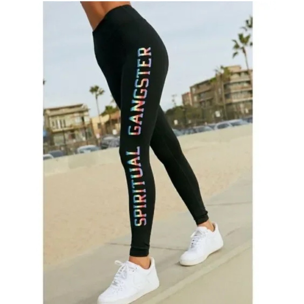 NWT Spiritual Gangster Black Rainbow High Rise Leggings with Colorful Logo